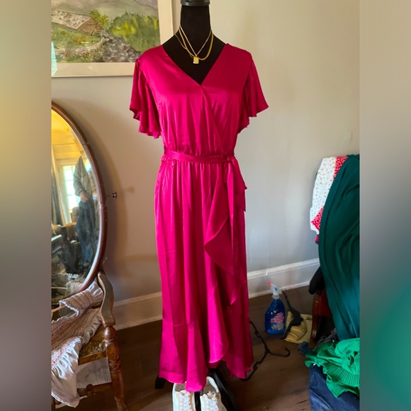 Nicole Miller faux-wrap maxi dress in deep rose pink.  Size L - Picture 1 of 10